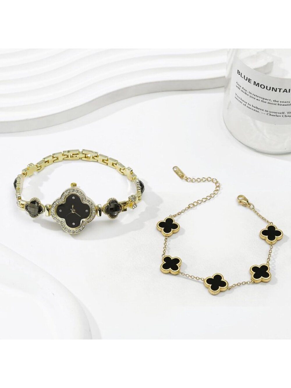 Women's Black Gold Lucky Clover Flower Design Four Leaf Bracelet Set Wrist Watch - Picture 3 of 7